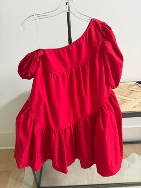 One-Shoulder Red Puff-Sleeve Women’s Dress